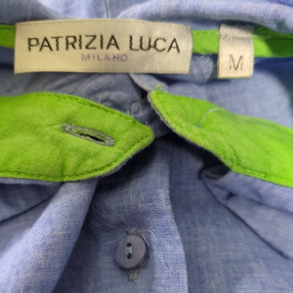 Patrizia Luca Milano Blue Chambray Button‑Up Top Linen Blend Sz M Flared Hem - Picture 7 of 8